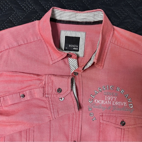 Bonita Men’s XL Long Sleeve Button Up Dress Shirt Red/Salmon yachting Nautical - Picture 1 of 13